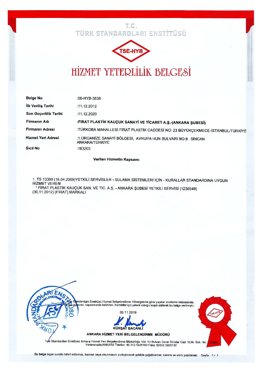 FIRAT SULAMA / Hizmet Yeterlilik Belgesi