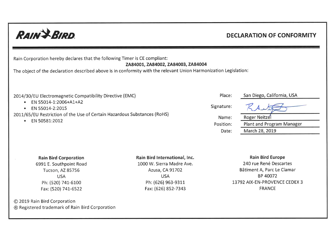 RAIN BIRD/ Declaration Of Conformity